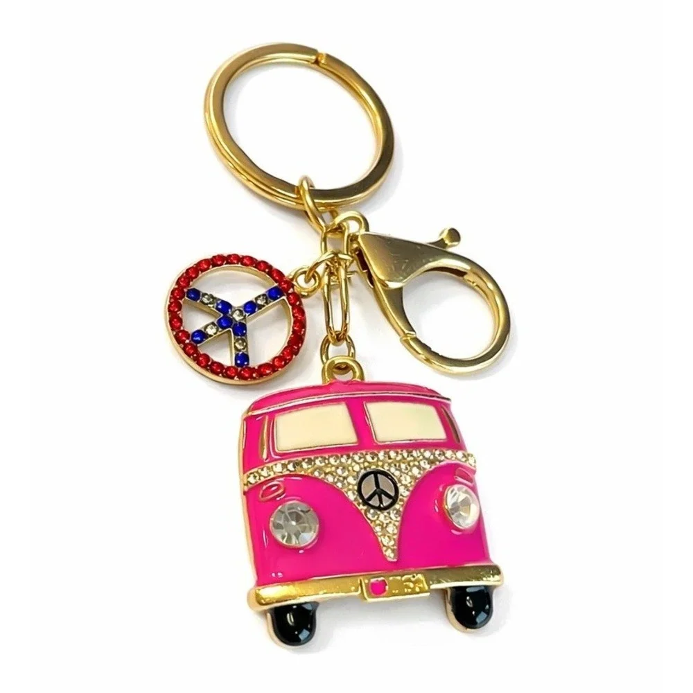 Pink Hippie USA Peace Van Gold Tone Keychain Purse Charm Rhinestone Metal Clip